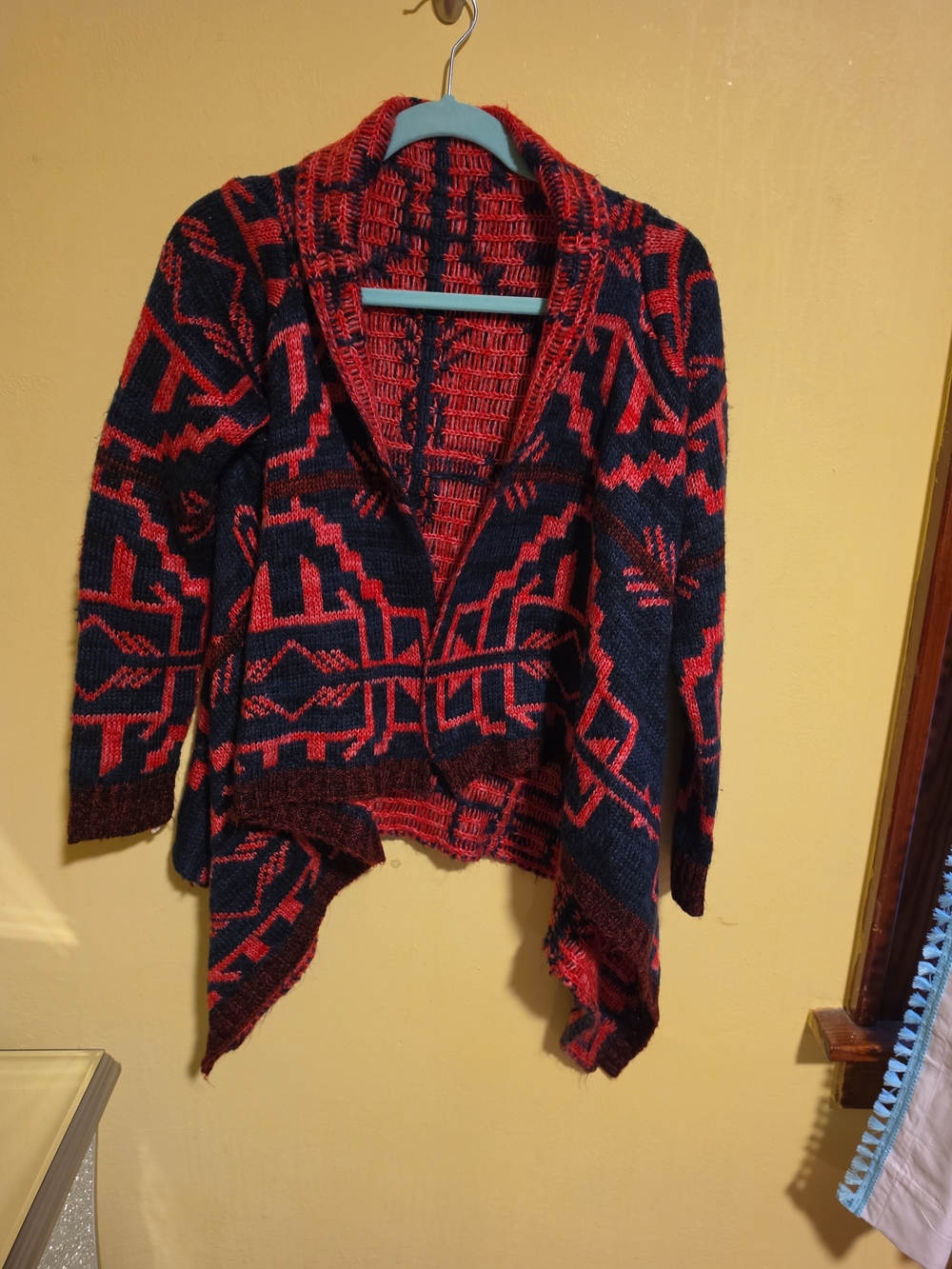 West 36th Women's Size Small Cardigan Sweater Aztec Print Red & Navy Blue